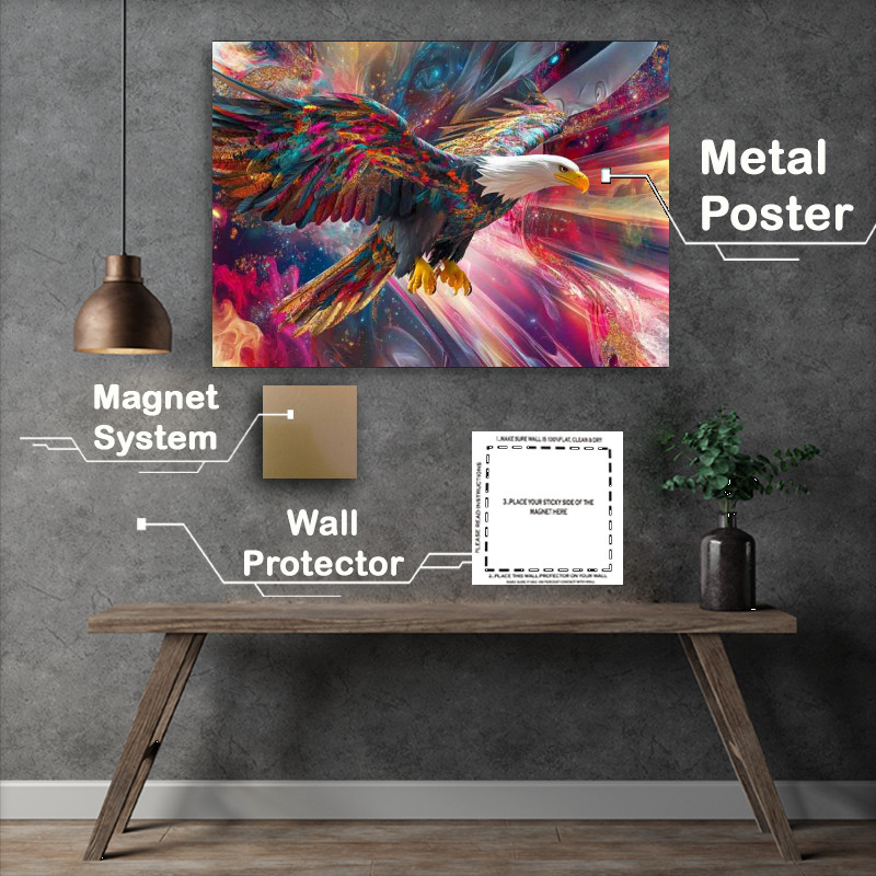 Buy Metal Poster : (Bald eagle flying with colorful fractal feather)