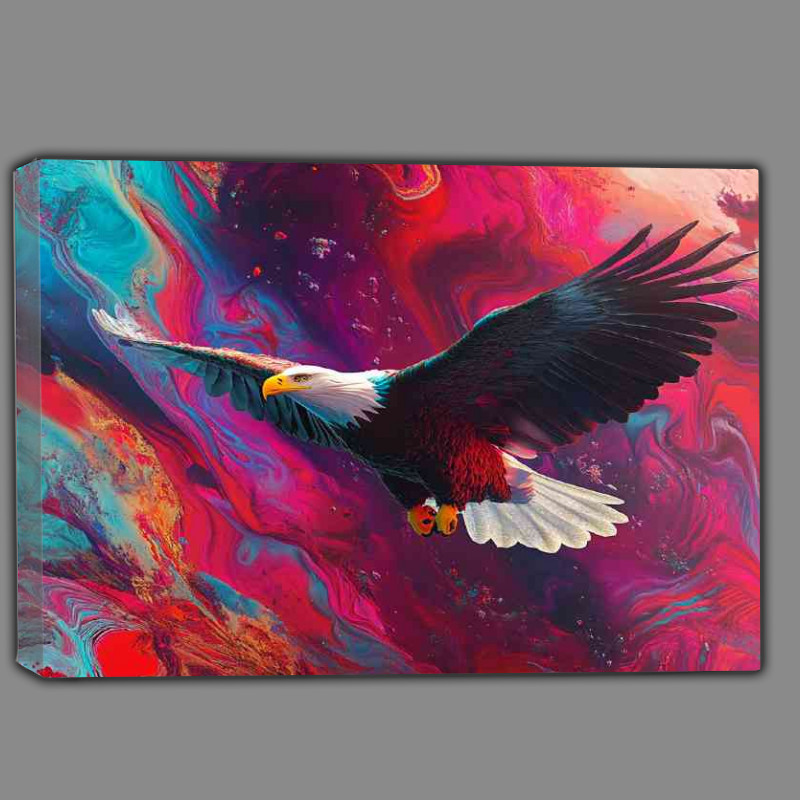 Buy Canvas : (Bald eagle flying with colorful fractal feather liquid)