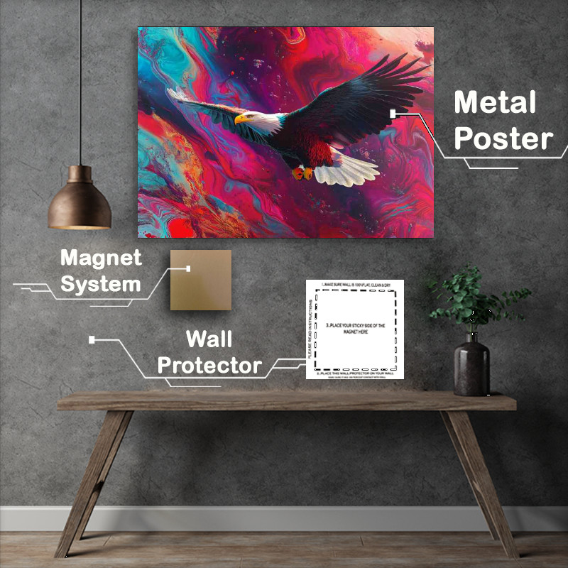 Buy Metal Poster : (Bald eagle flying with colorful fractal feather liquid)