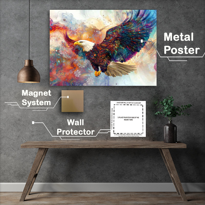 Buy Metal Poster : (Bald eagle with wings spread colorful fractal pallette)