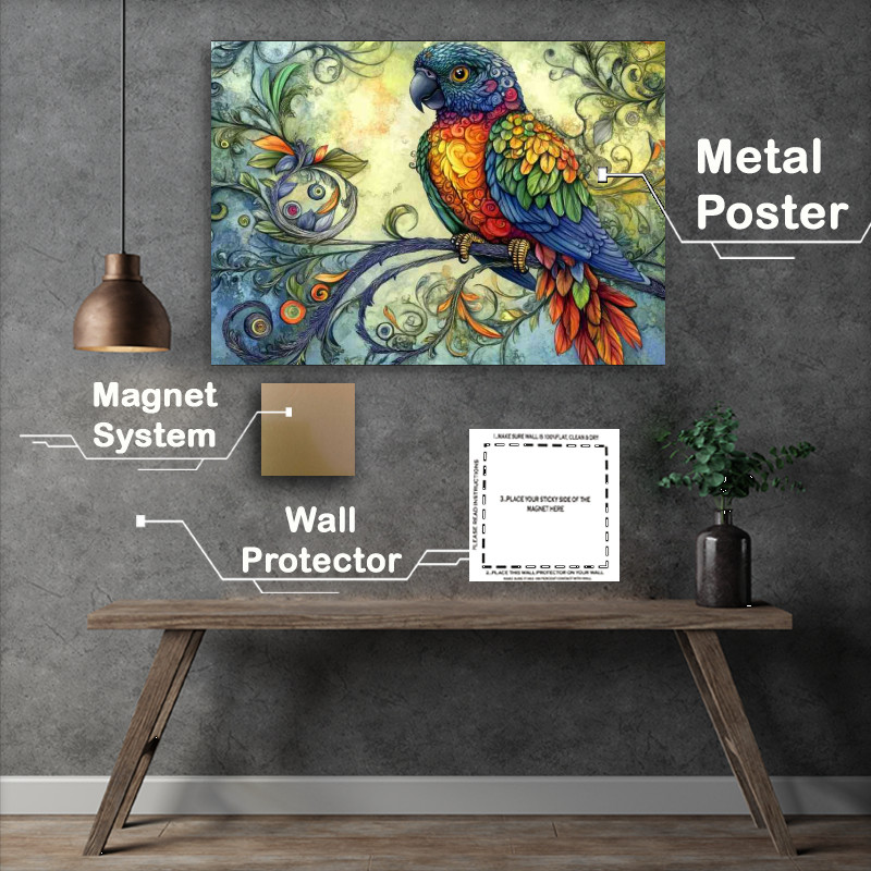 Buy Metal Poster : (Colorful parrot sitting on a swirly tree branch)