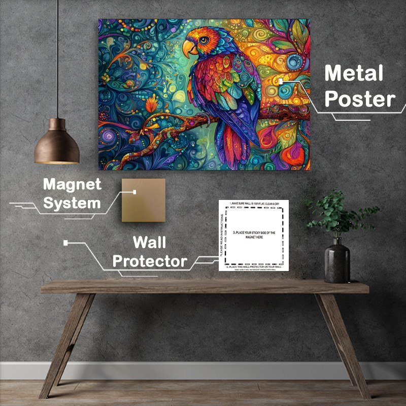 Buy Metal Poster : (Colorful parrot sitting on a tree branch)