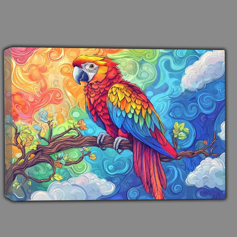 Buy Canvas : (Colorful parrot sitting on a tree branch with a psychadelic patterns)