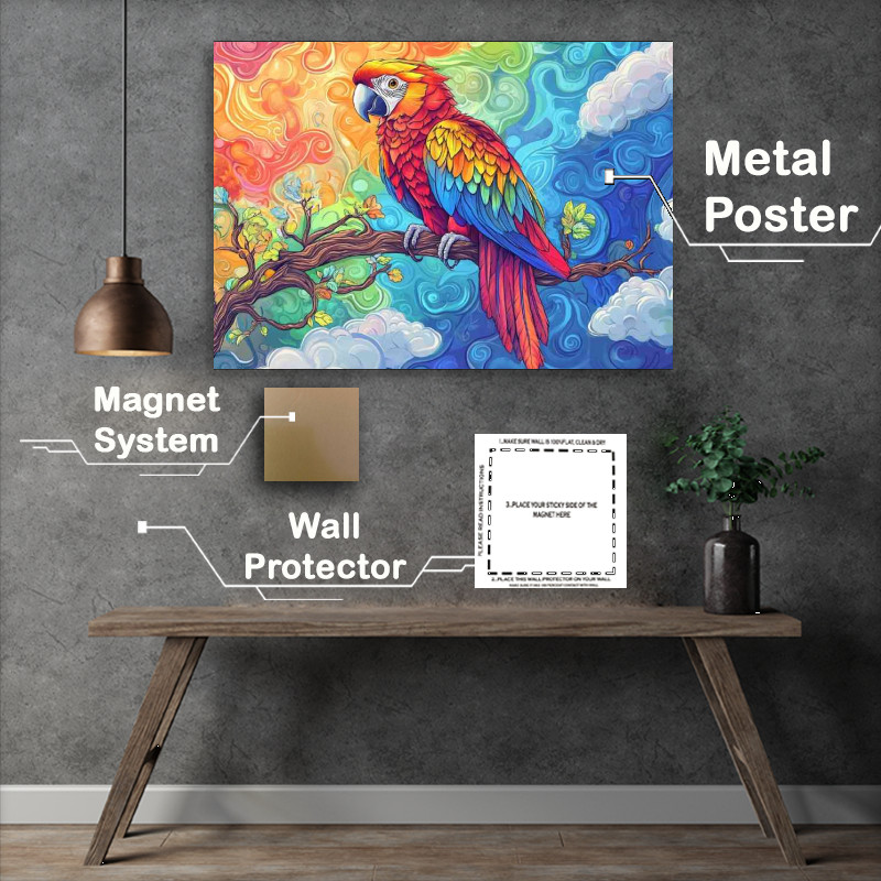 Buy Metal Poster : (Colorful parrot sitting on a tree branch with a psychadelic patterns)