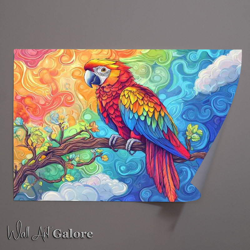 Buy Unframed Poster : (Colorful parrot sitting on a tree branch with a psychadelic patterns)