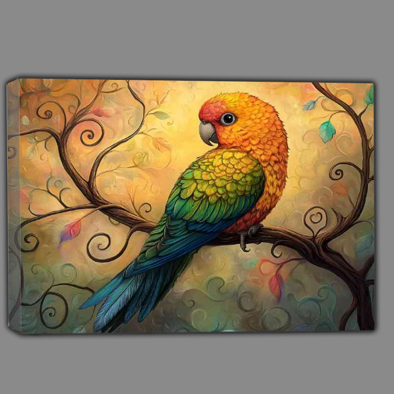 Buy Canvas : (Colorful parrot sitting on a tree branch with swirls)