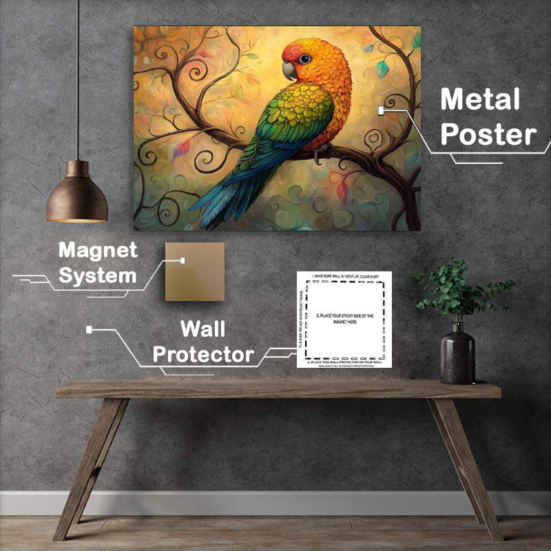 Buy Metal Poster : (Colorful parrot sitting on a tree branch with swirls)