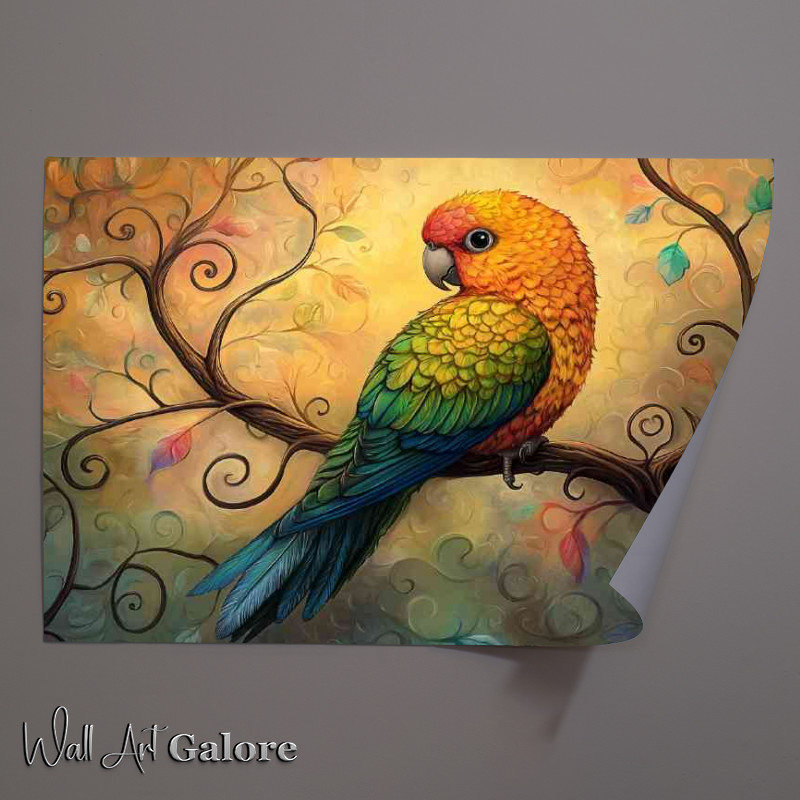 Buy Unframed Poster : (Colorful parrot sitting on a tree branch with swirls)