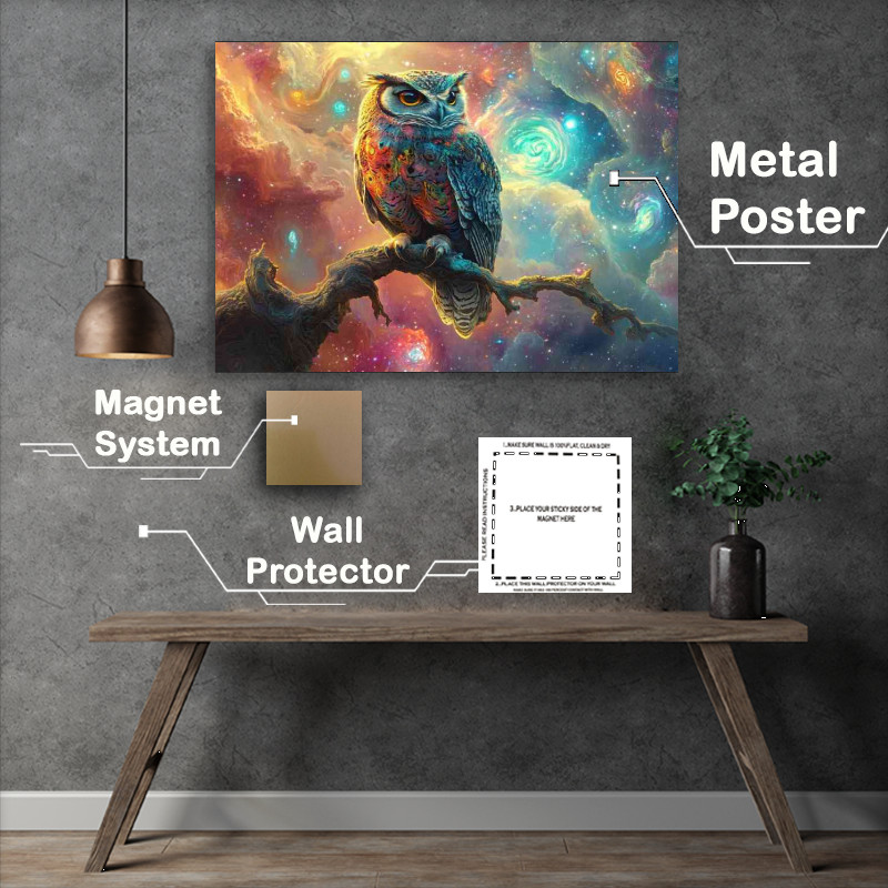 Buy Metal Poster : (Owl perched on an intricate branch surrounded by clouds)