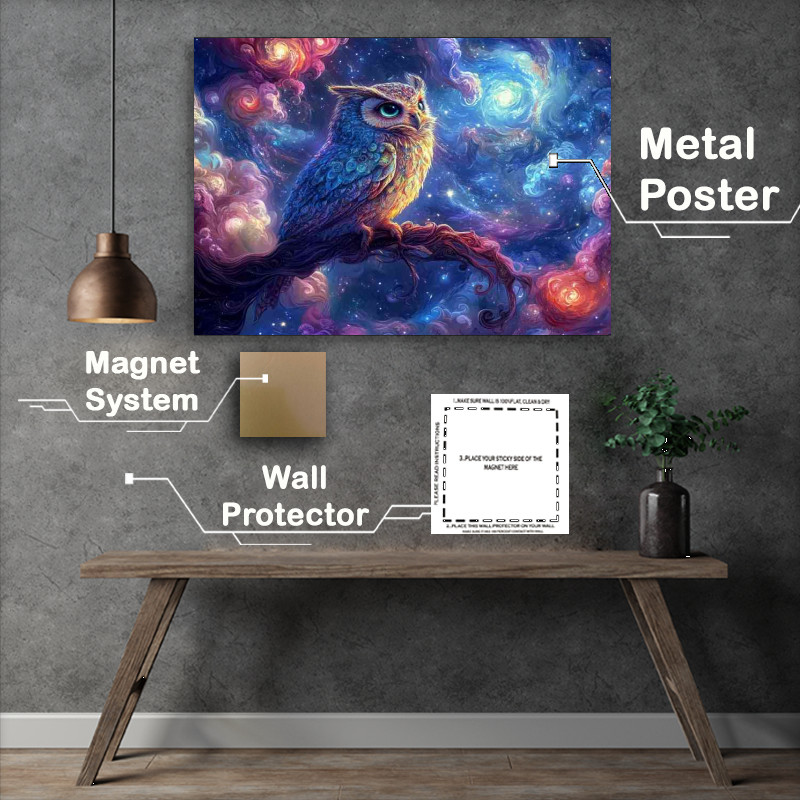 Buy Metal Poster : (Owl perched on an intricate branch surrounded by colourful clouds)