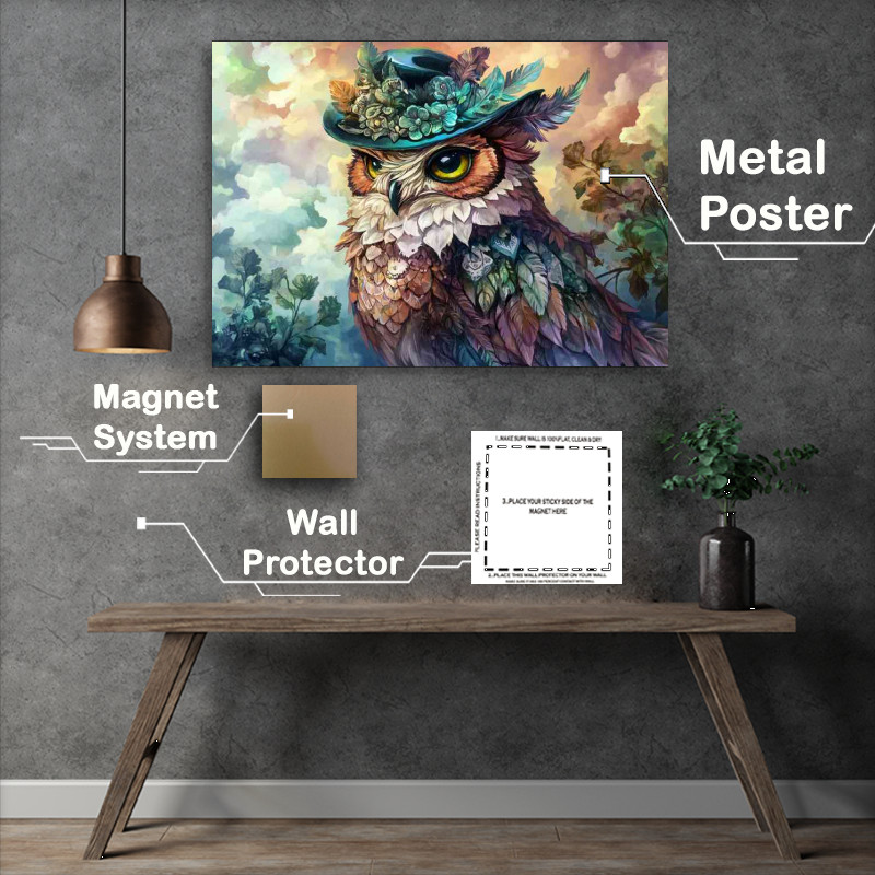 Buy Metal Poster : (Owl wearing an elegant hat with vibrant)
