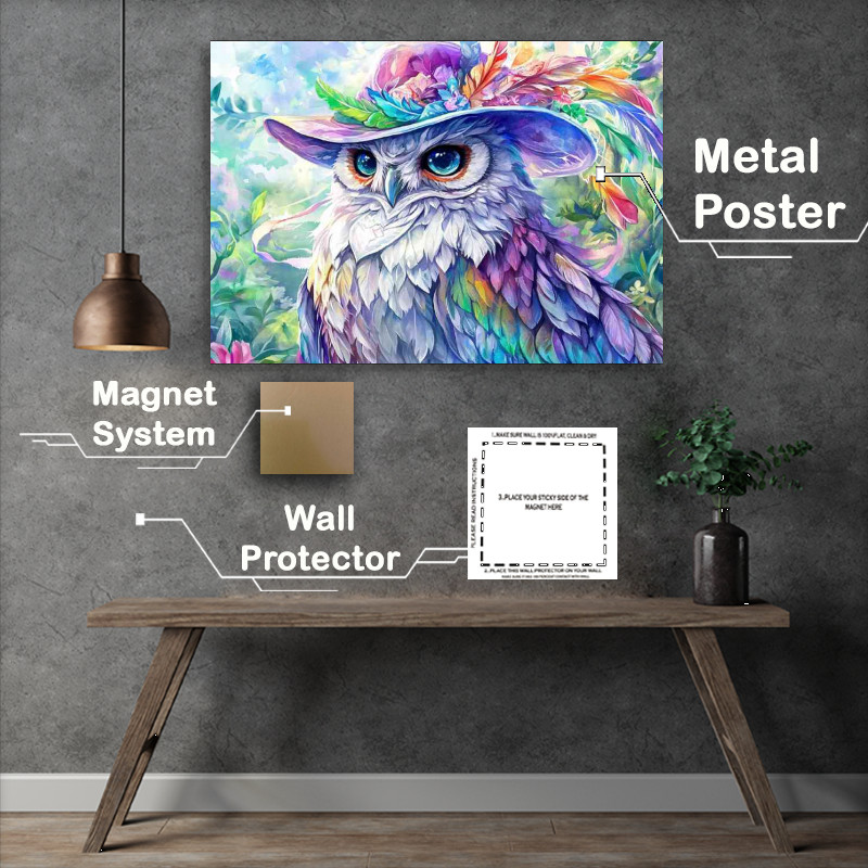 Buy Metal Poster : (Owl wearing an elegant hat with vibrant ccolours)
