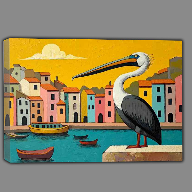 Buy Canvas : (Pelican perched on the edge of an old port with colour)