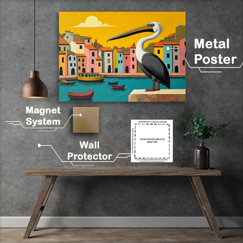 Buy Metal Poster : (Pelican perched on the edge of an old port with colour)