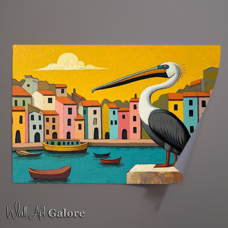 Buy Unframed Poster : (Pelican perched on the edge of an old port with colour)