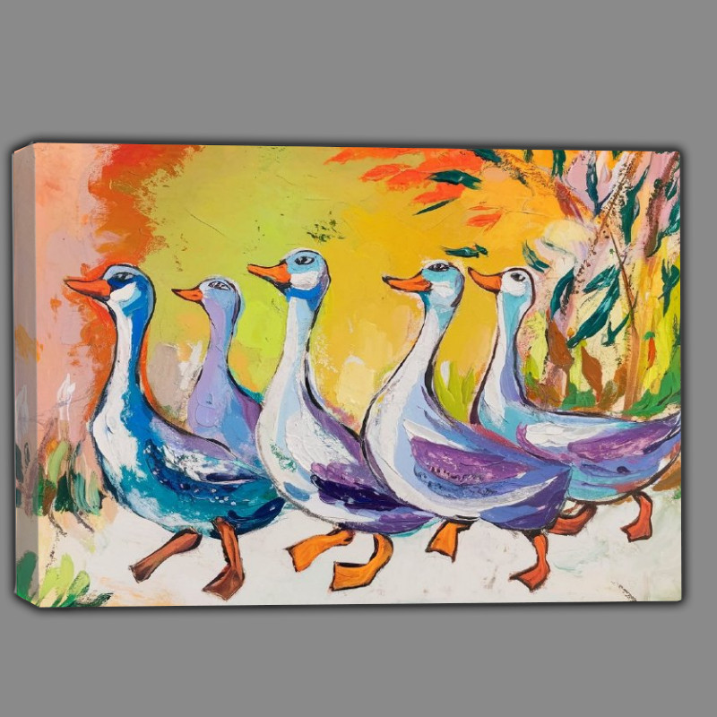 Buy Canvas : (Vibrant and colorful painting of five geese)