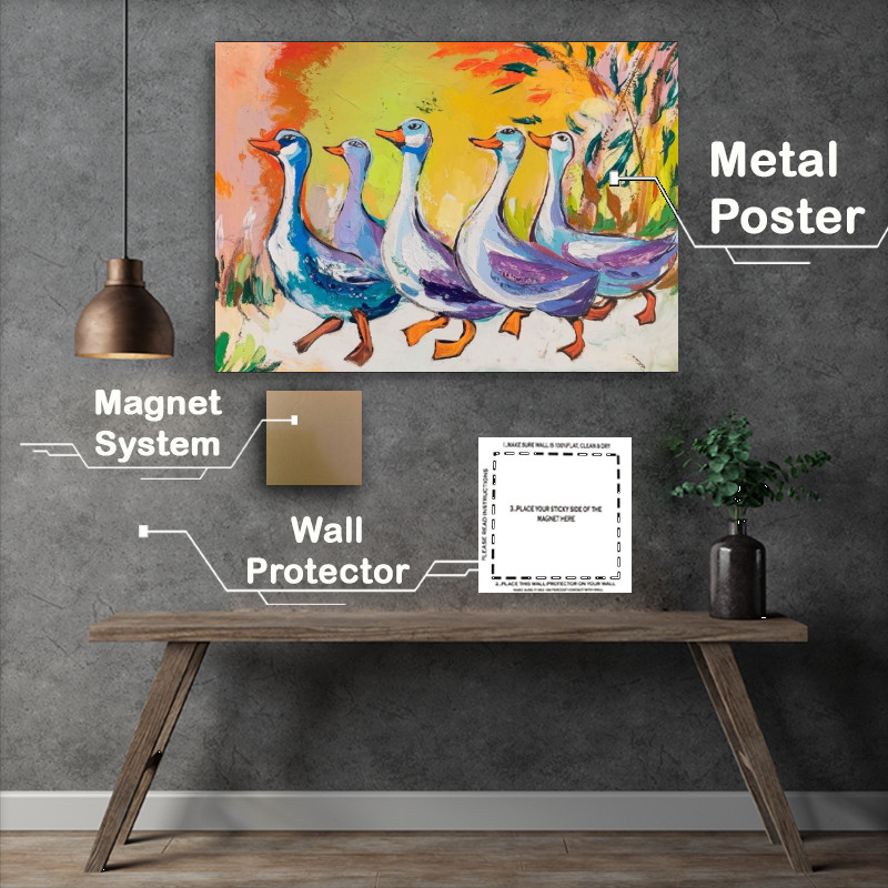 Buy Metal Poster : (Vibrant and colorful painting of five geese)