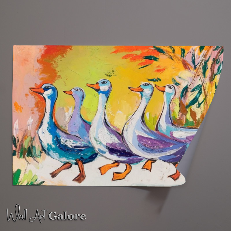 Buy Unframed Poster : (Vibrant and colorful painting of five geese)
