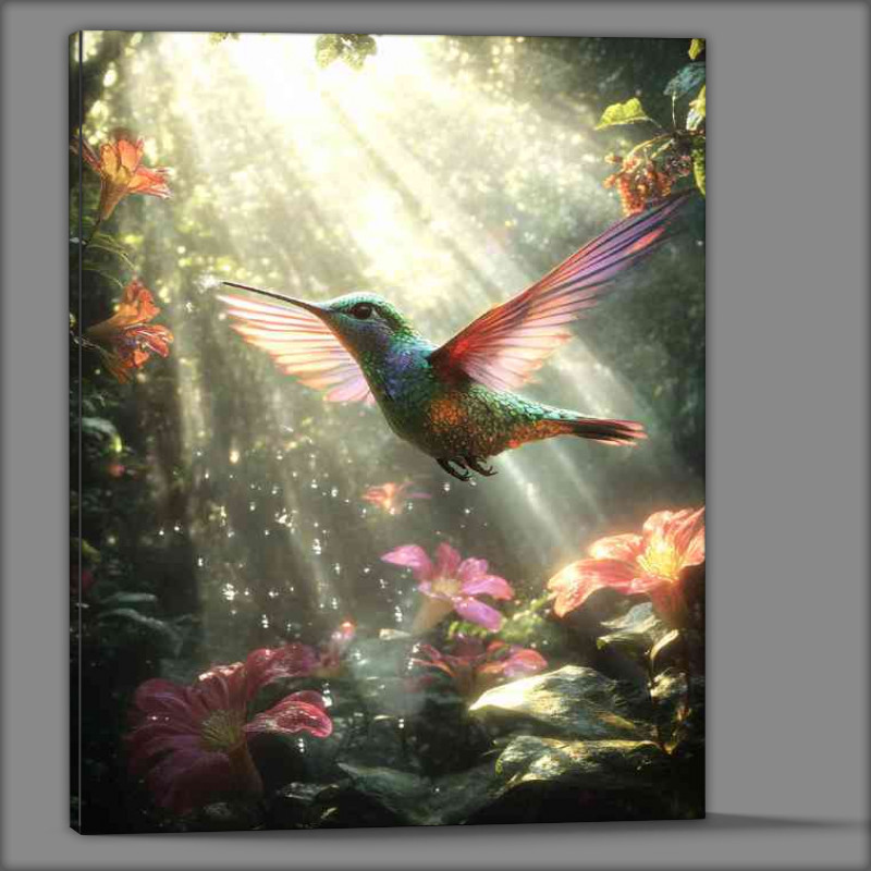 Buy Canvas : (A colorful hummingbird hovering near vibrant flowers)
