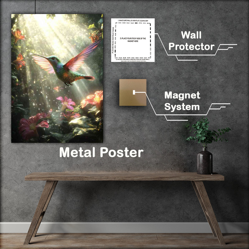 Buy Metal Poster : (A colorful hummingbird hovering near vibrant flowers)