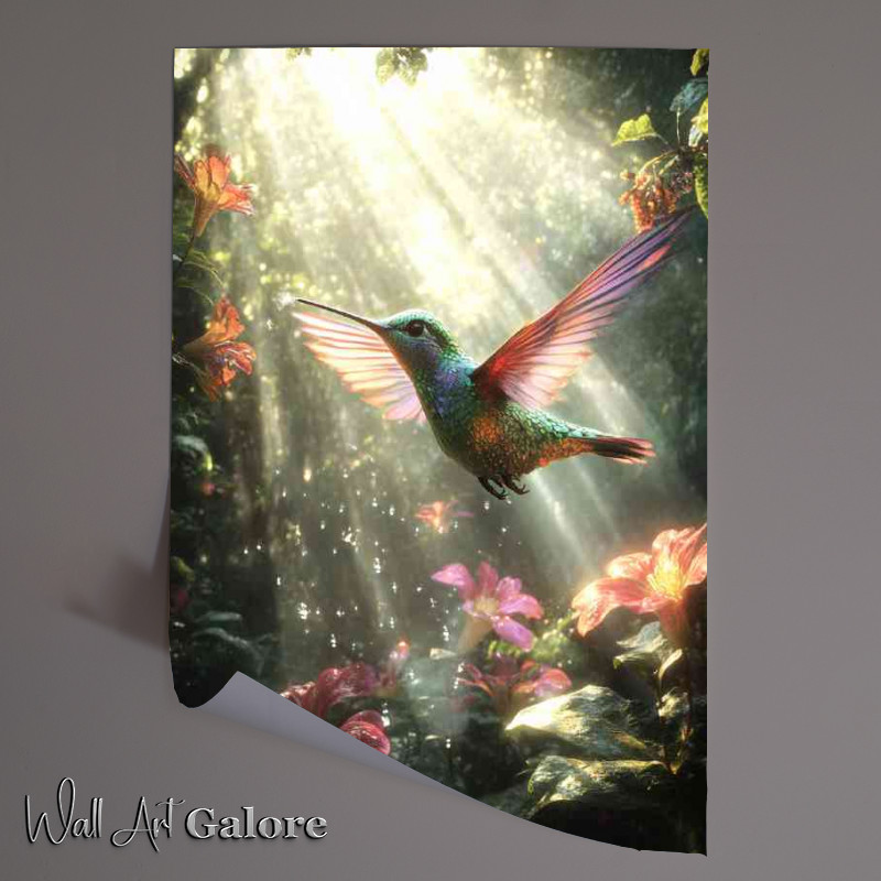 Buy Unframed Poster : (A colorful hummingbird hovering near vibrant flowers)