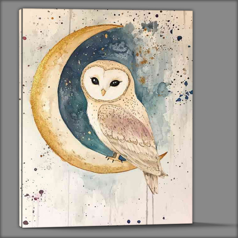 Buy Canvas : (A cute owl sitting on a crescent moon a watercolor)