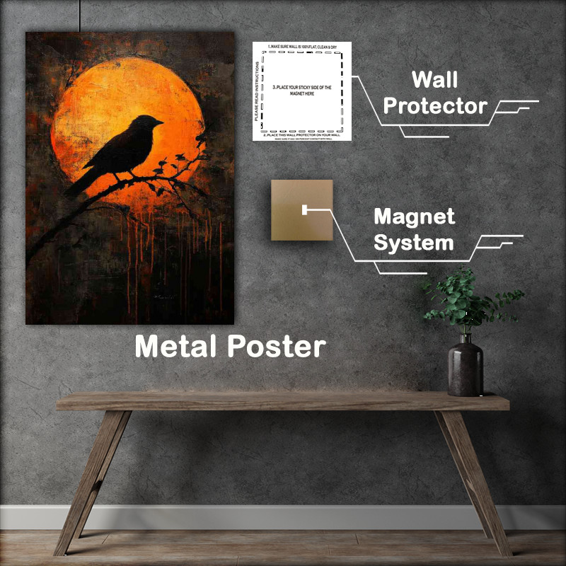 Buy Metal Poster : (A painting of a bird perched on a branch silhouetted)