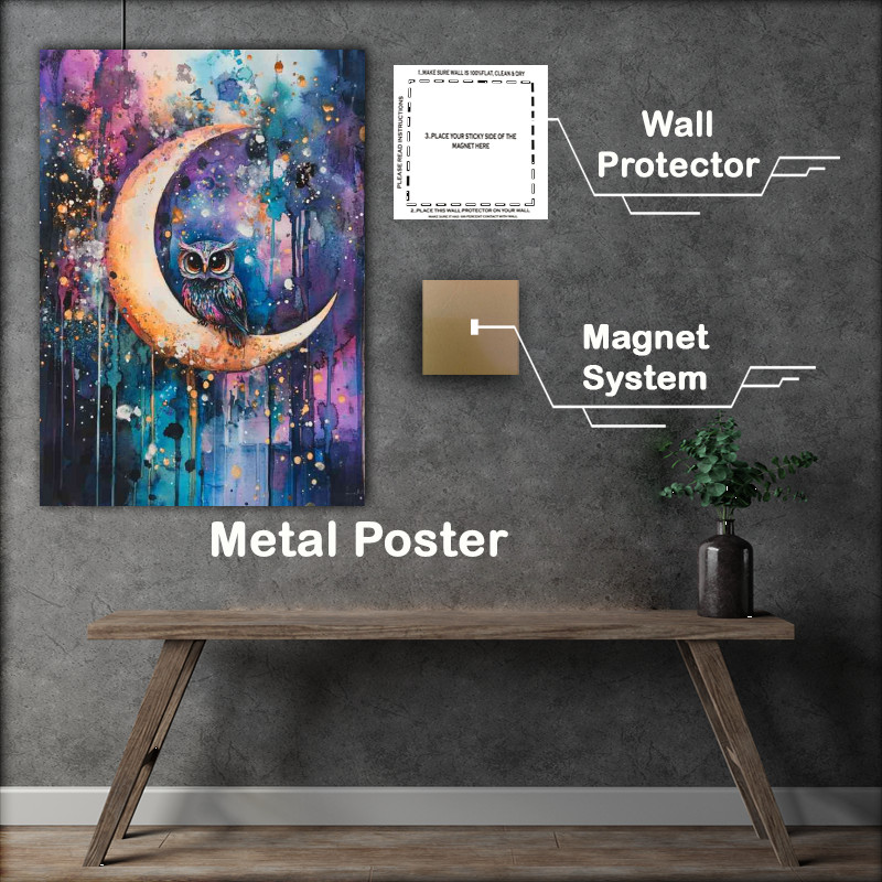 Buy Metal Poster : (Cute owl sitting on the crescent moon)