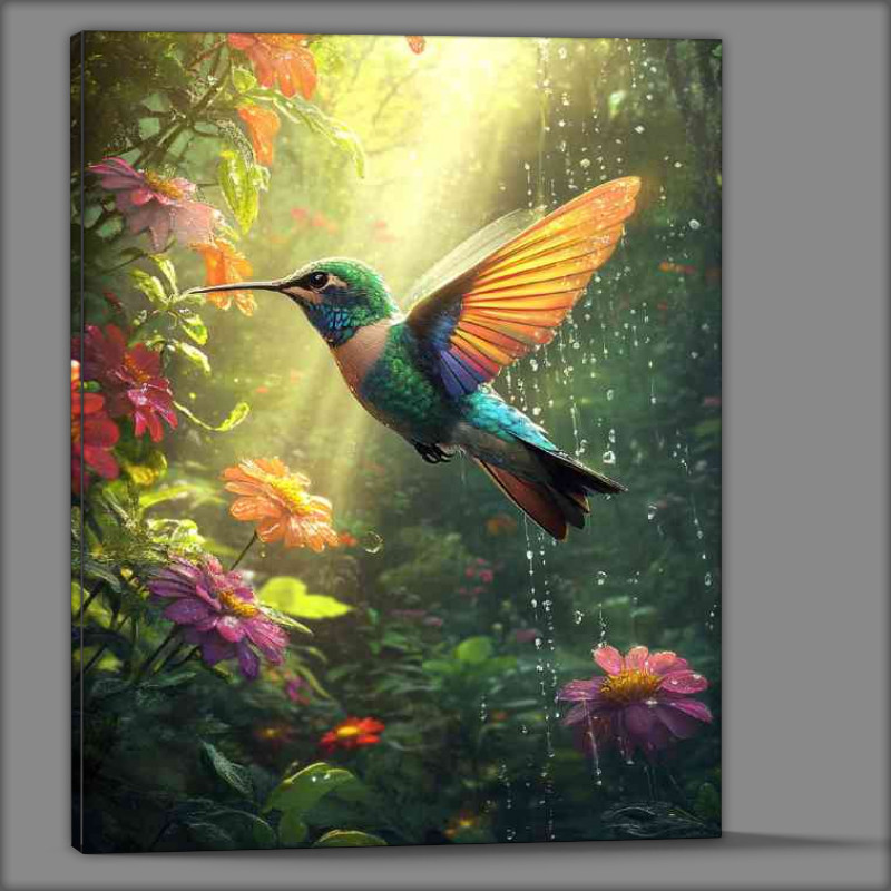 Buy Canvas : (Hummingbird hovering near vibrant flowers)