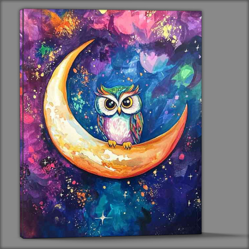 Buy Canvas : (Owl sitting on the crescent moon surrounded by night stars)