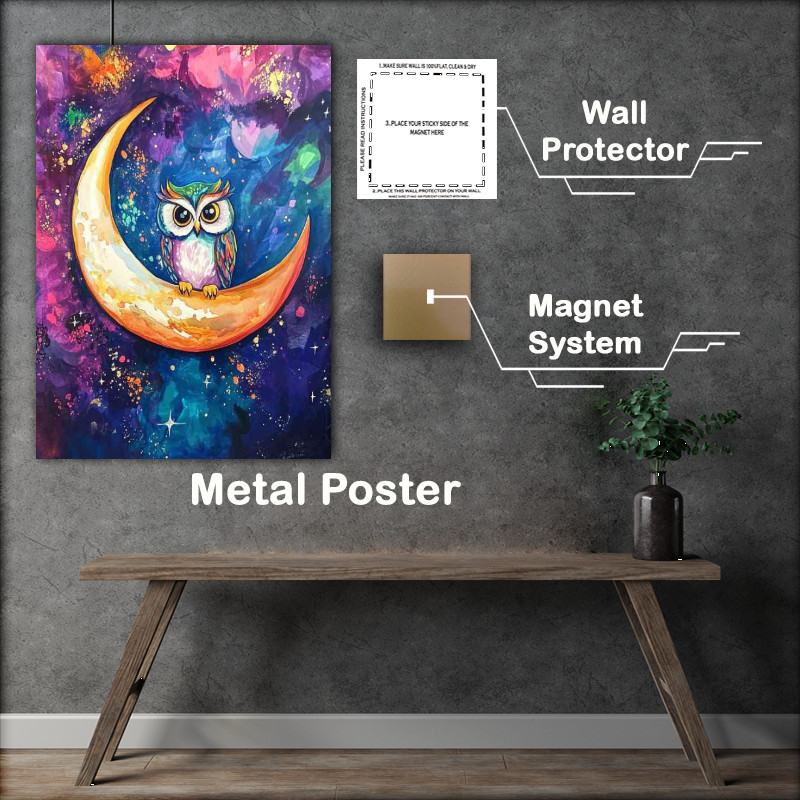 Buy Metal Poster : (Owl sitting on the crescent moon surrounded by night stars)