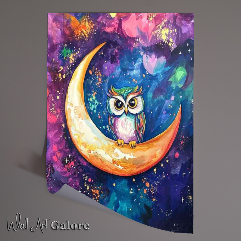 Buy Unframed Poster : (Owl sitting on the crescent moon surrounded by night stars)