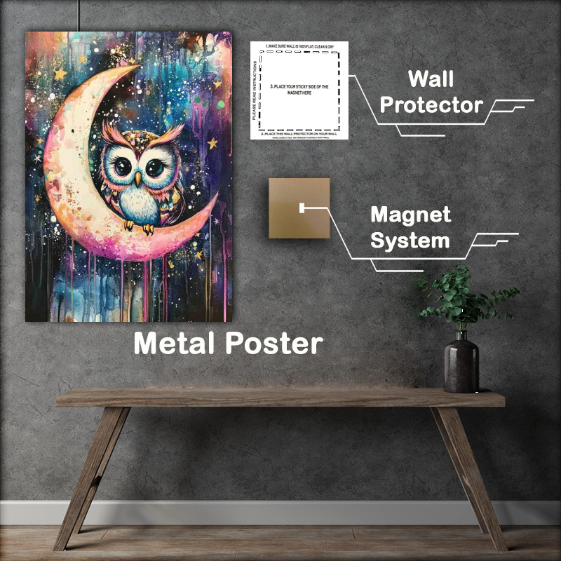 Buy Metal Poster : (Owl sitting on the crescent moon surrounded by stars)