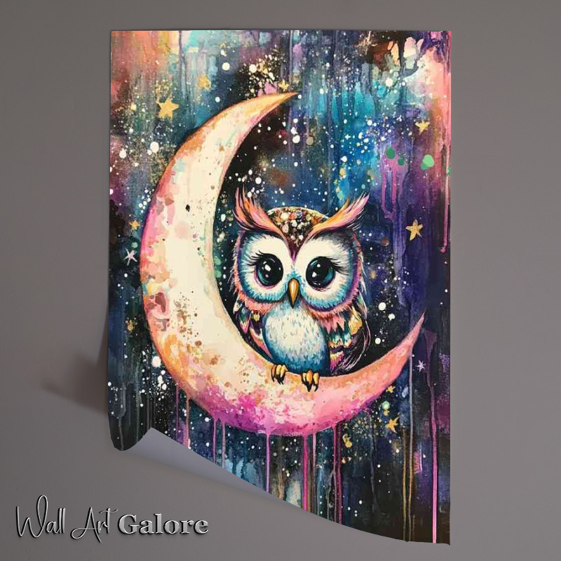 Buy Unframed Poster : (Owl sitting on the crescent moon surrounded by stars)