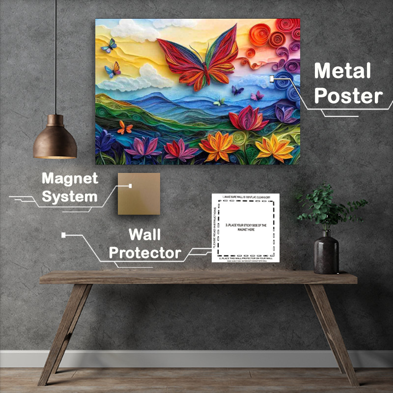 Buy Metal Poster : (Colorful butterfly flying over the rainbow colored)
