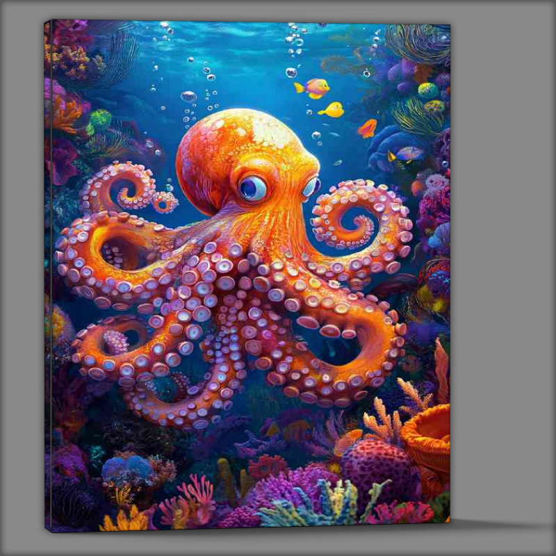 Buy Canvas : (Octopus swimming under the sea surrounded by coral)