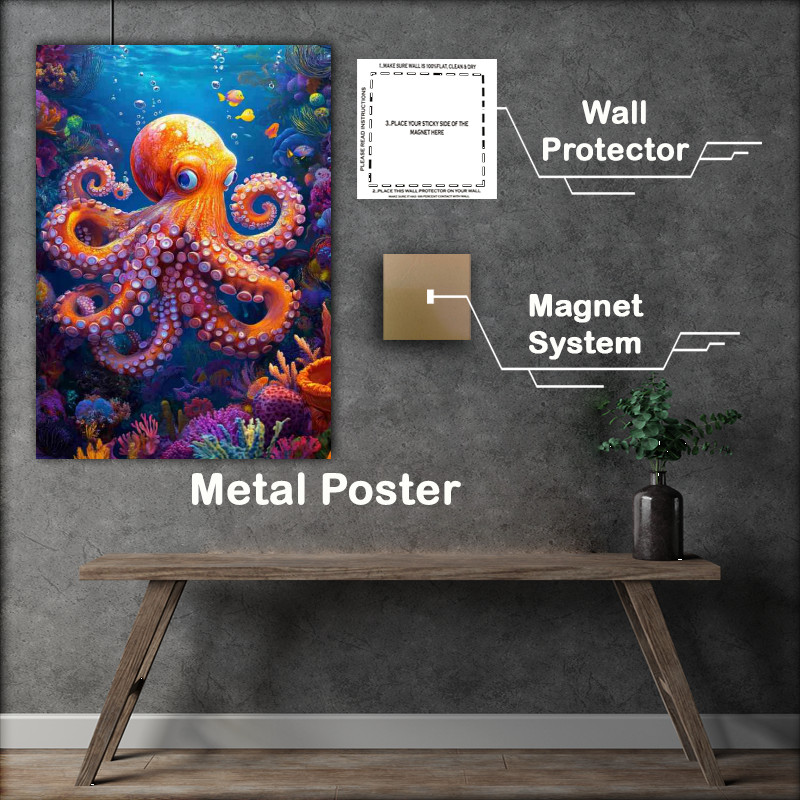 Buy Metal Poster : (Octopus swimming under the sea surrounded by coral)