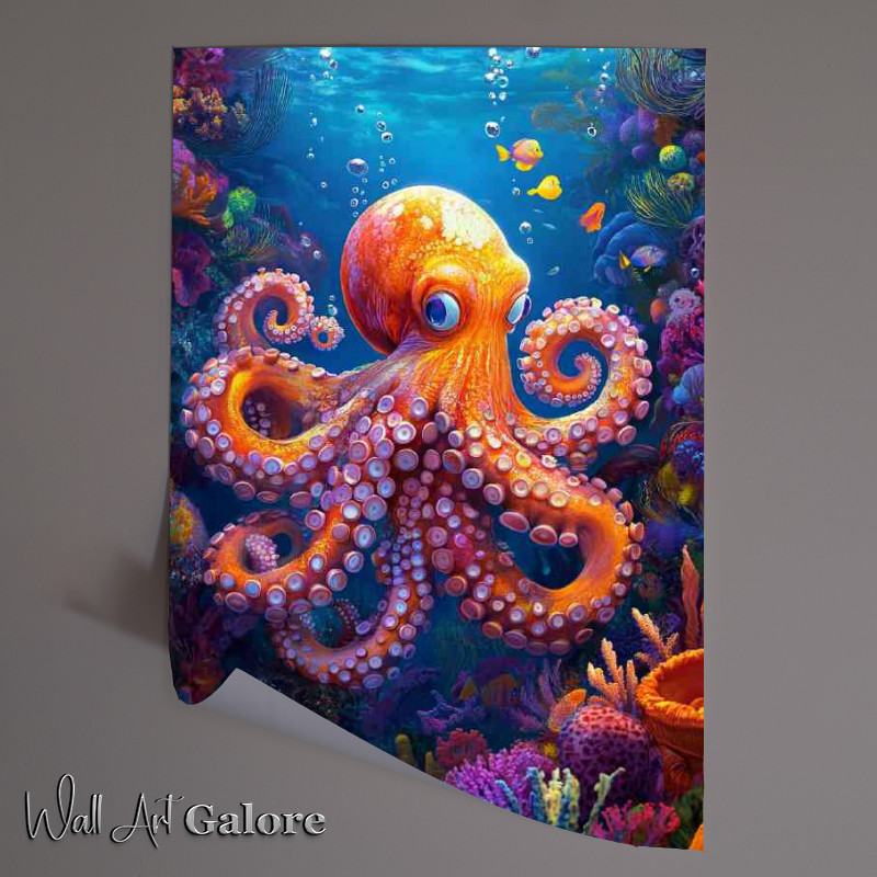Buy Unframed Poster : (Octopus swimming under the sea surrounded by coral)