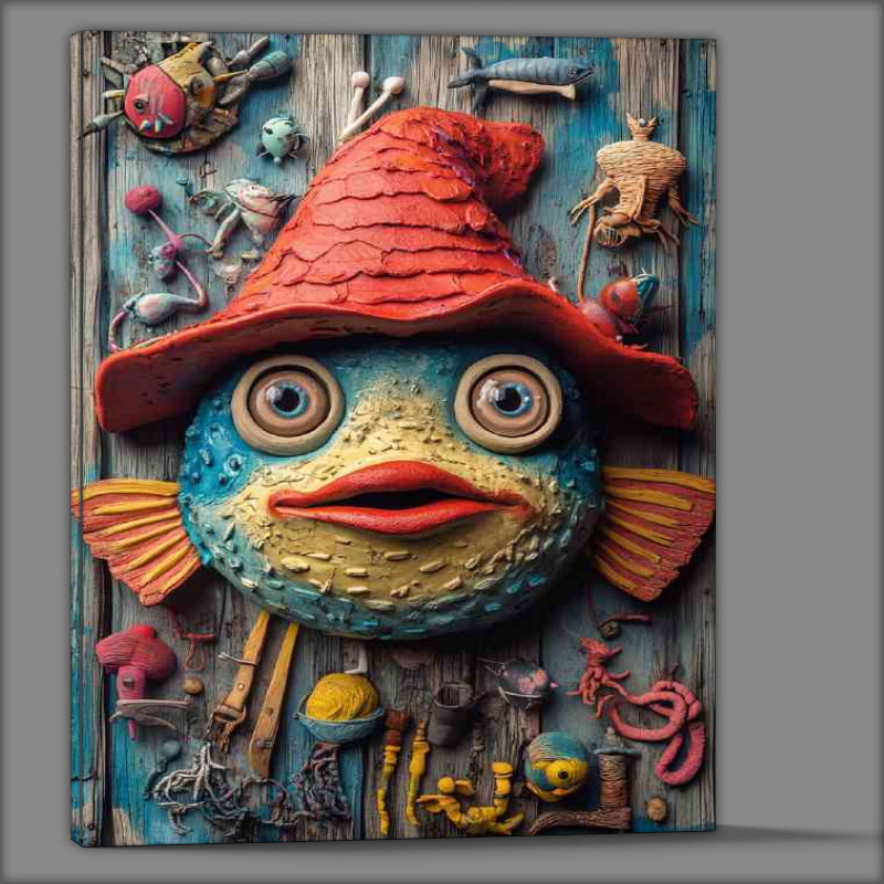 Buy Canvas : (Whimsical fish wearing an oversized red hat)