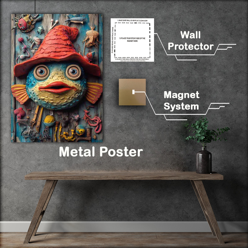 Buy Metal Poster : (Whimsical fish wearing an oversized red hat)