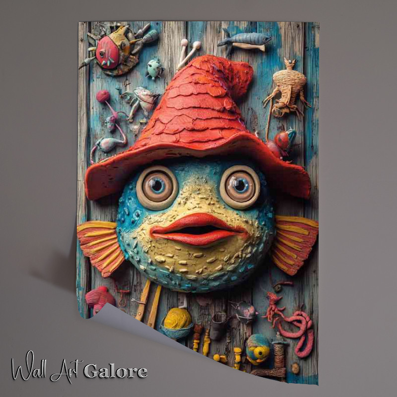 Buy Unframed Poster : (Whimsical fish wearing an oversized red hat)