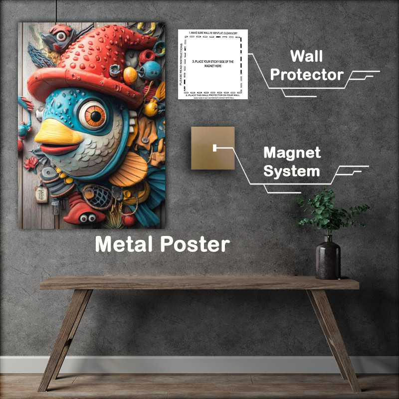 Buy Metal Poster : (Whimsical fish wearing an oversized red hat happy)