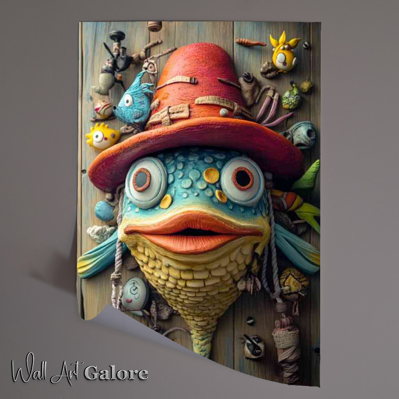 Buy Unframed Poster : (Whimsical fish wearing an oversized red hat surrouned)