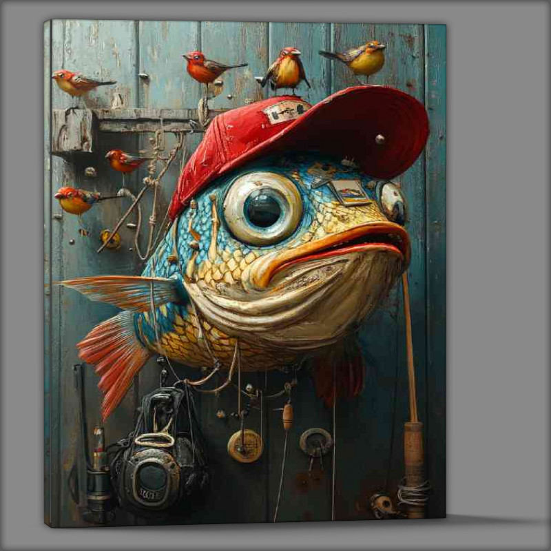 Buy Canvas : (Whimsical surreal colorful fish wearing red hat)