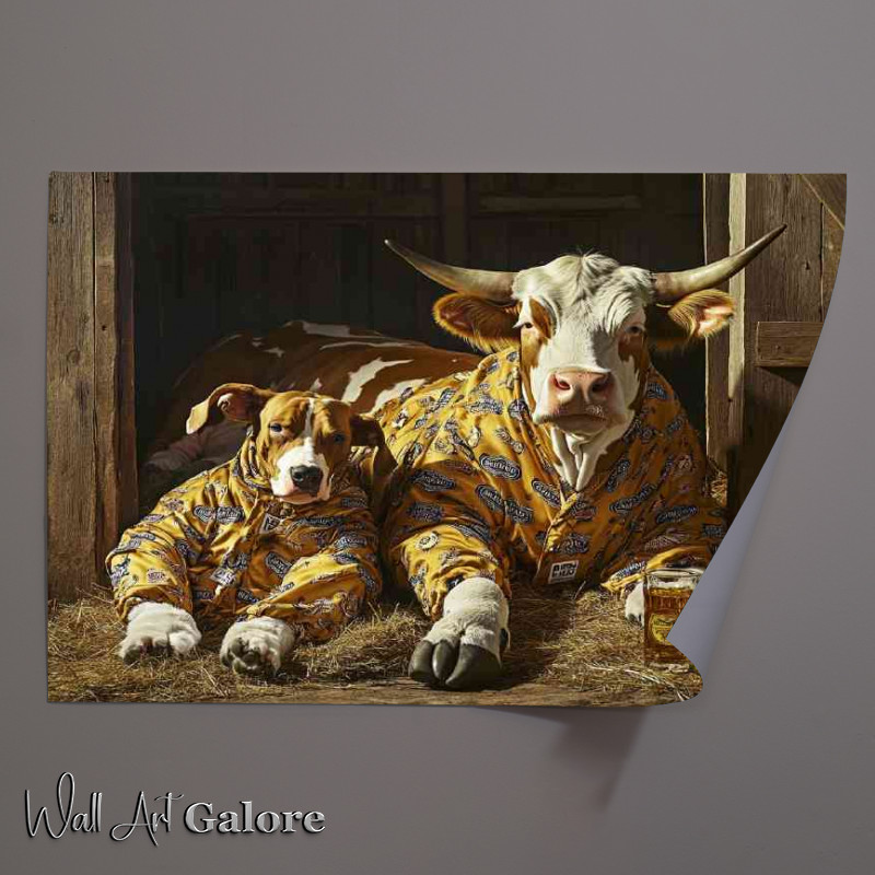 Buy Unframed Poster : (Cow and a dog wearing pajamas lying on the hay having a beer)