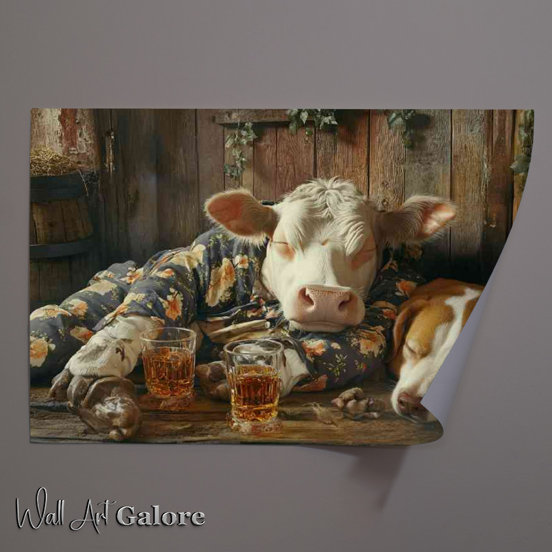 Buy Unframed Poster : (Cow and dog wearing pajamas sleeping in the barn after beers)