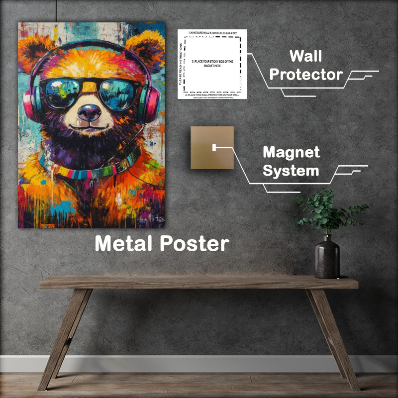 Buy Metal Poster : (Colorful painting of an adorable bear wearing headphones and glasses)