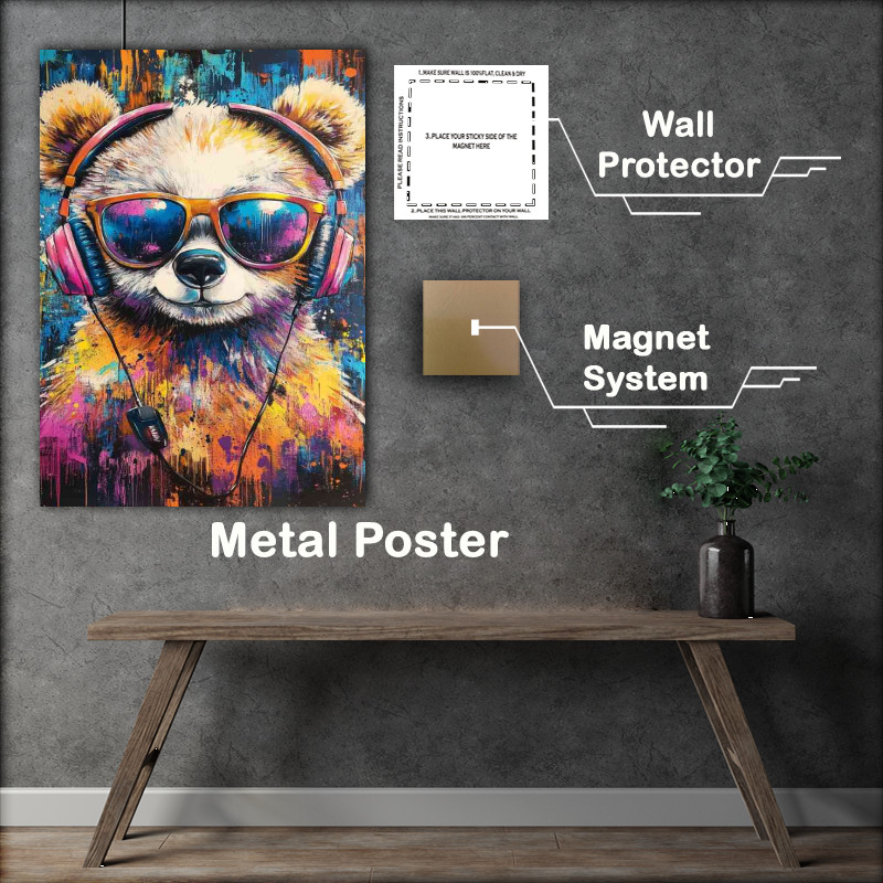 Buy Metal Poster : (Colorful painting of an adorable bear wearing headphones splash art)