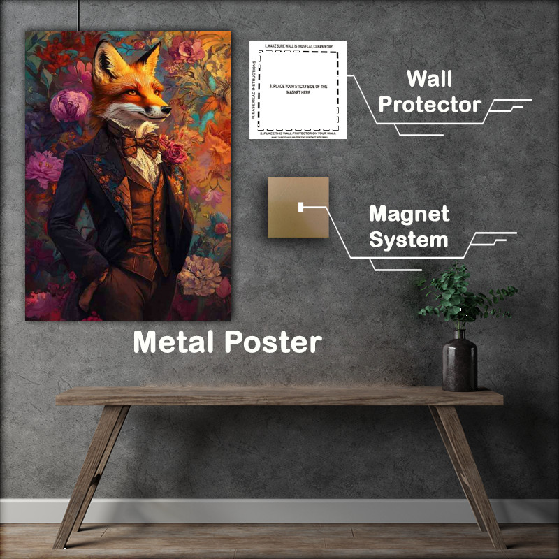 Buy Metal Poster : (Fox in a Victorian style suit set against a colorful background)
