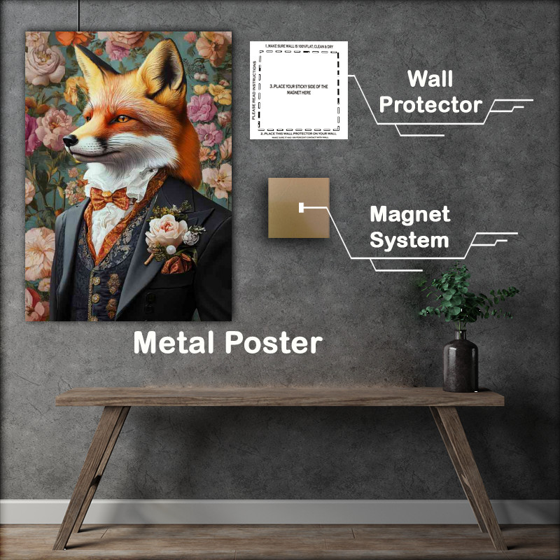 Buy Metal Poster : (Fox in a Victorian-style suit set against a colorful wallpaper)